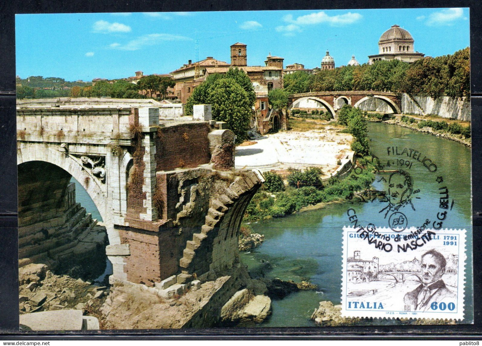 ITALIA REPUBBLICA ITALY REPUBLIC 1991 GIOACHINO BELLI POETA LIRE 600 CARTOLINA MAXI MAXIMUM CARD - Cartes-Maximum (CM)