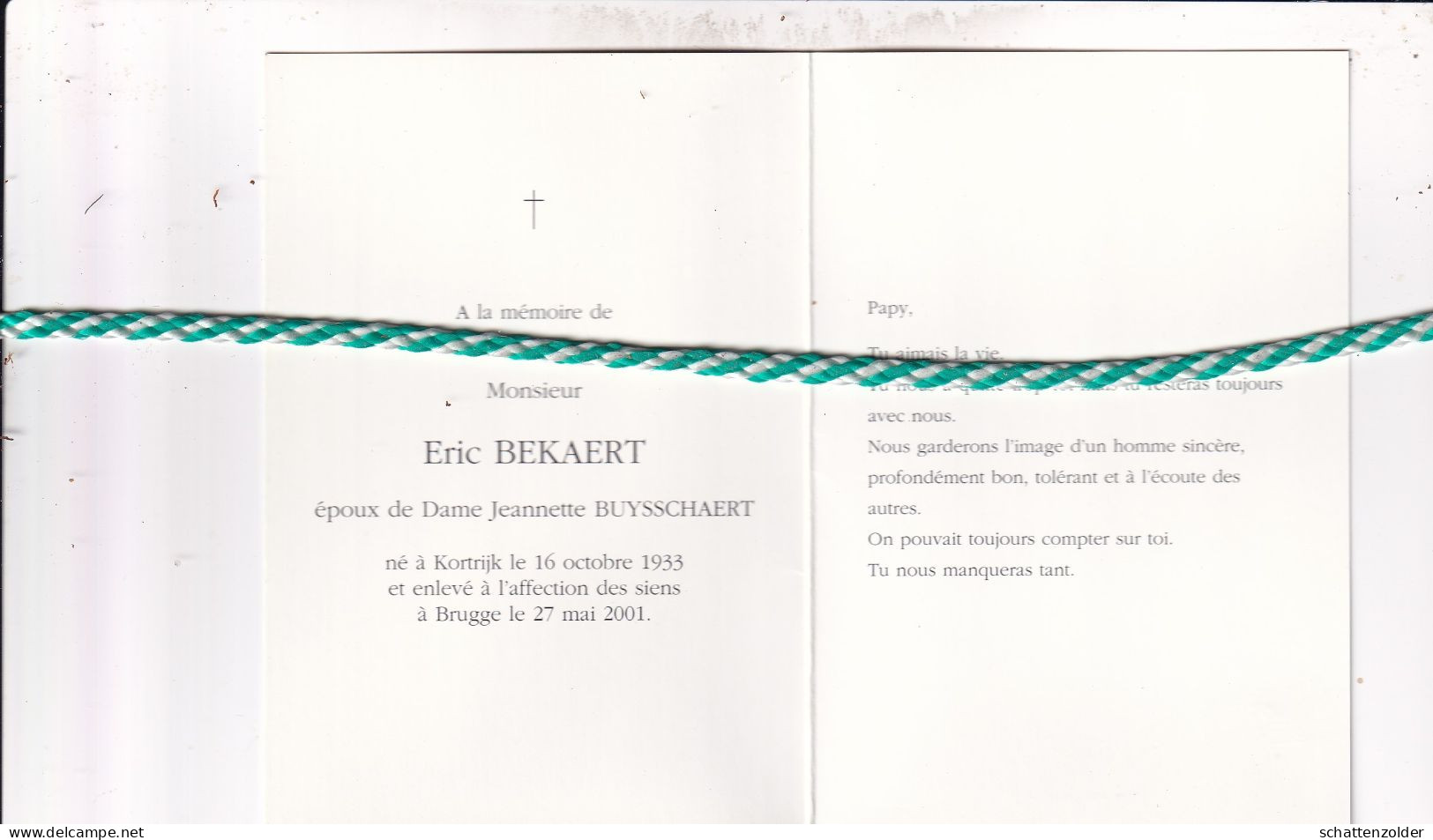 Erik Bekaert-Buysschaert, Kortrijk 1933, Brugge 2001. Foto Jager - Obituary Notices