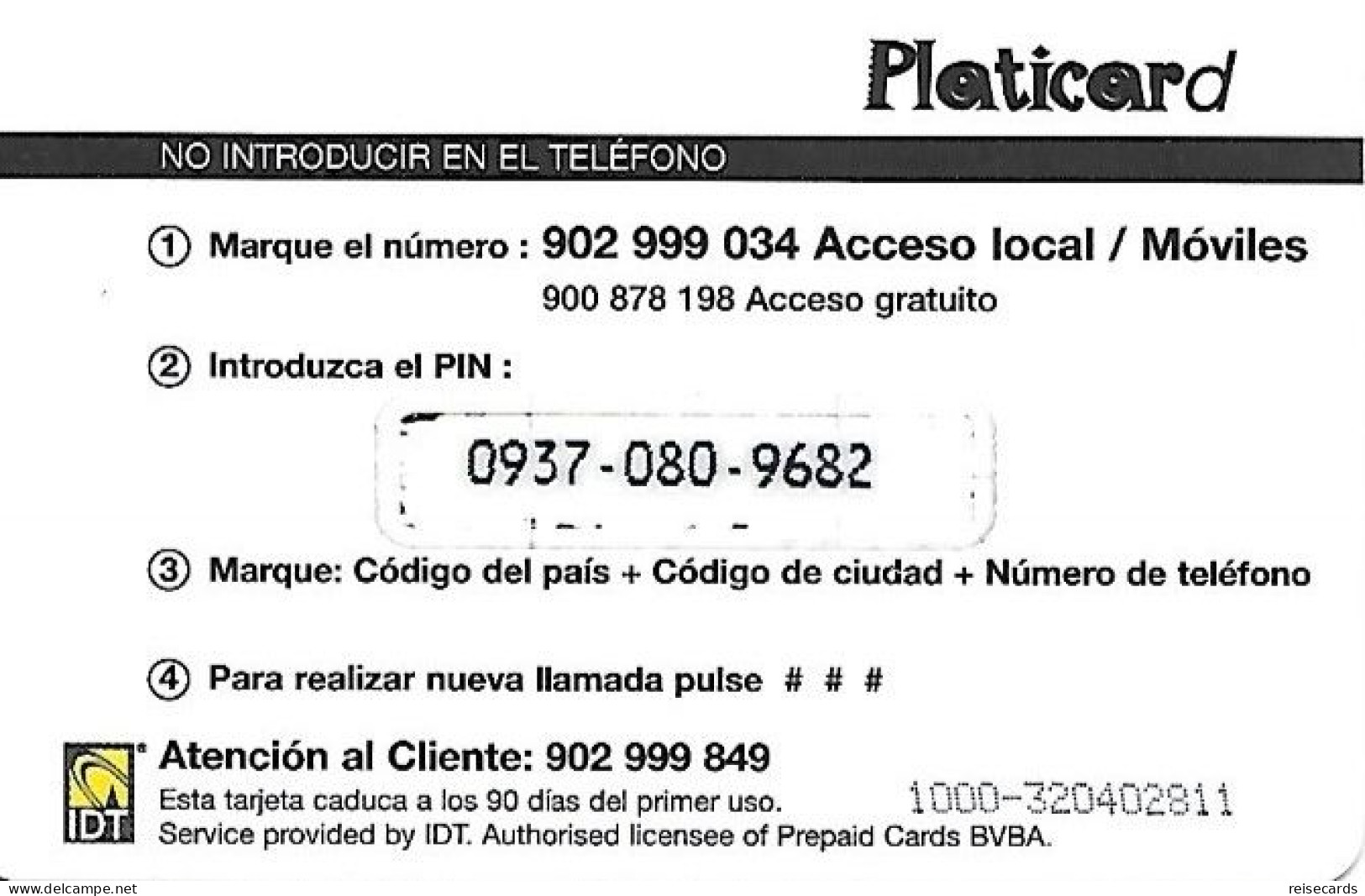 Spain: Prepaid IDT - Platicard PTAS1000 RS Yellow Logo - Andere & Zonder Classificatie