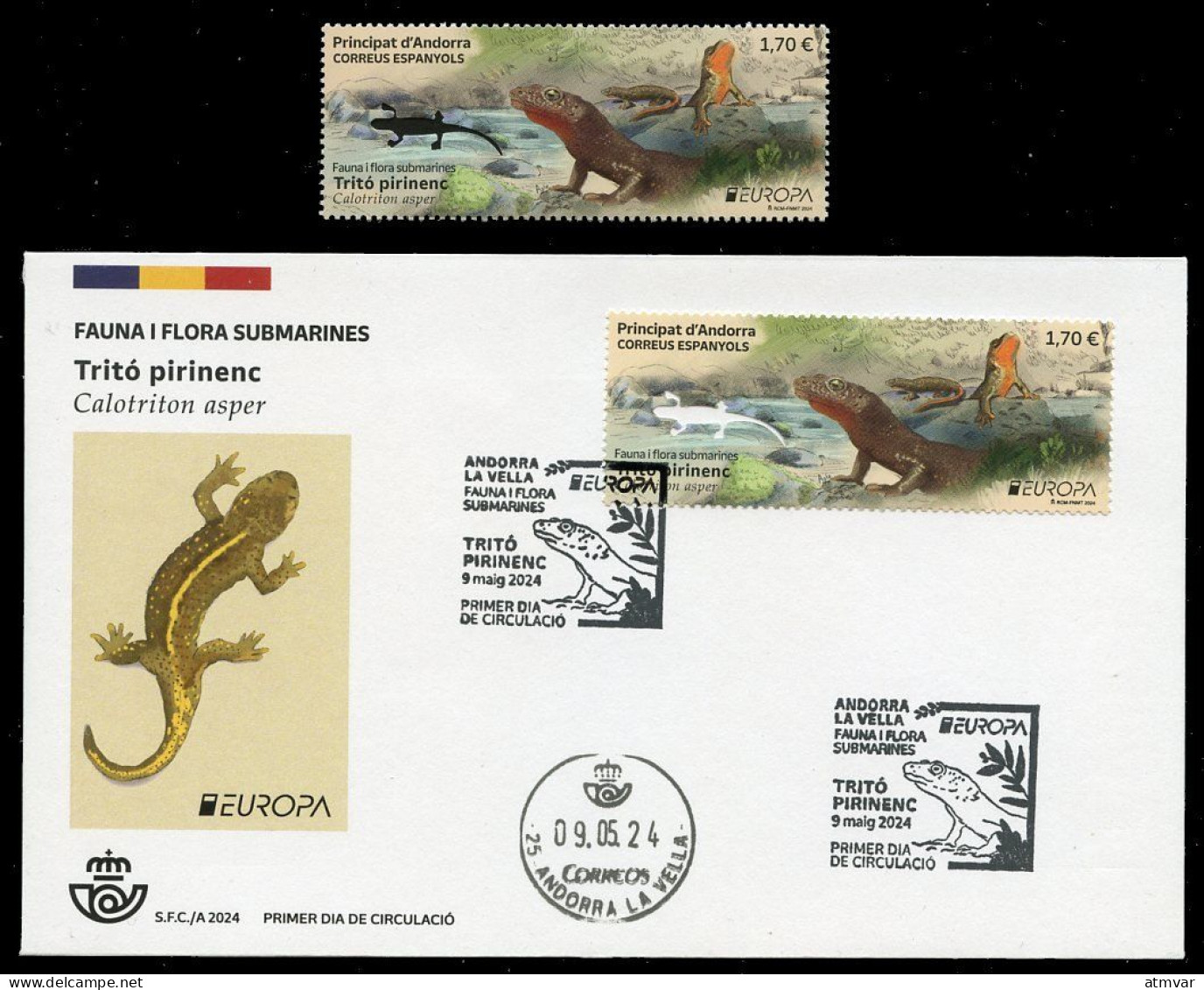 ANDORRA Correos (2024) EUROPA Fauna I Flora Submarines, Tritó Pirinenc, Calotriton Asper, Brook Salamander, Tritón - Verzamelingen
