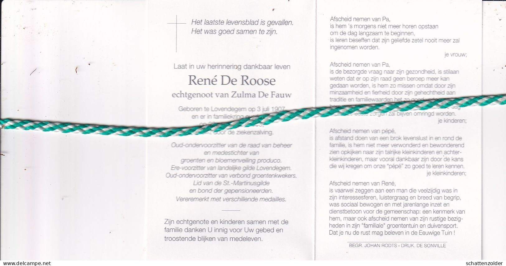 René De Roose-De Fauw, Lovendegem 1907, 1996. Foto - Décès