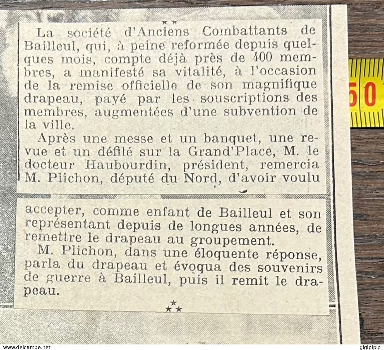 1930 GHI18 REMISE DU DRAPEAU AUX ANCIENS COMBATTANTS DE BAILLEUL Docteur Haubourdin Plichon - Collections