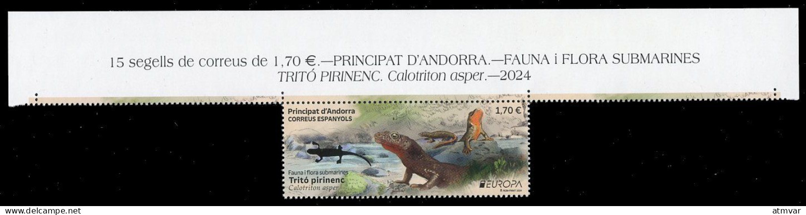 ANDORRA Correos (2024) EUROPA Fauna I Flora Submarines, Tritó Pirinenc, Calotriton Asper, Brook Salamander, Tritón - Unused Stamps