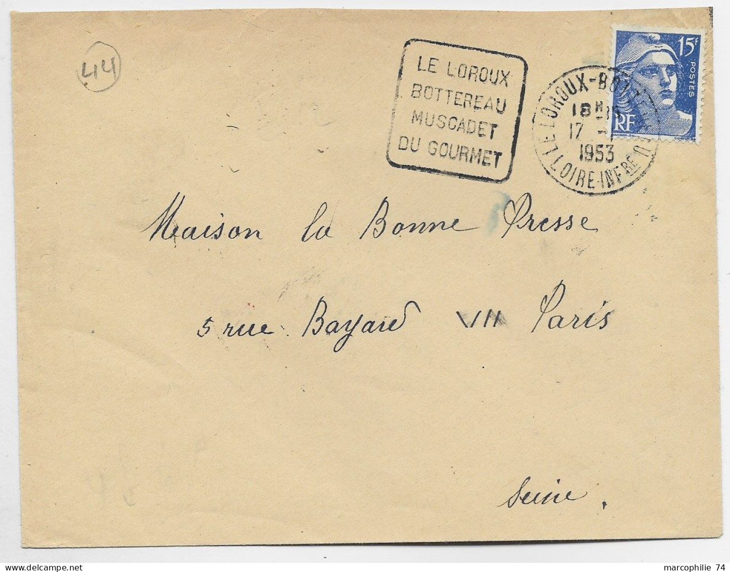 GANDON 15FR LETTRE DAGUIN LE LOROUX BOTTEREAU MUSCADET DU GOURMET 1953 LOIRE INF - Mechanical Postmarks (Advertisement)