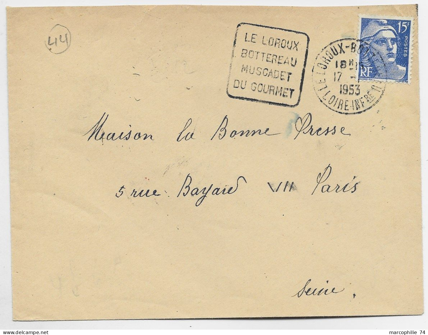 GANDON 15FR LETTRE DAGUIN LE LOROUX BOTTEREAU MUSCADET DU GOURMET 1953 LOIRE INF - Oblitérations Mécaniques (flammes)