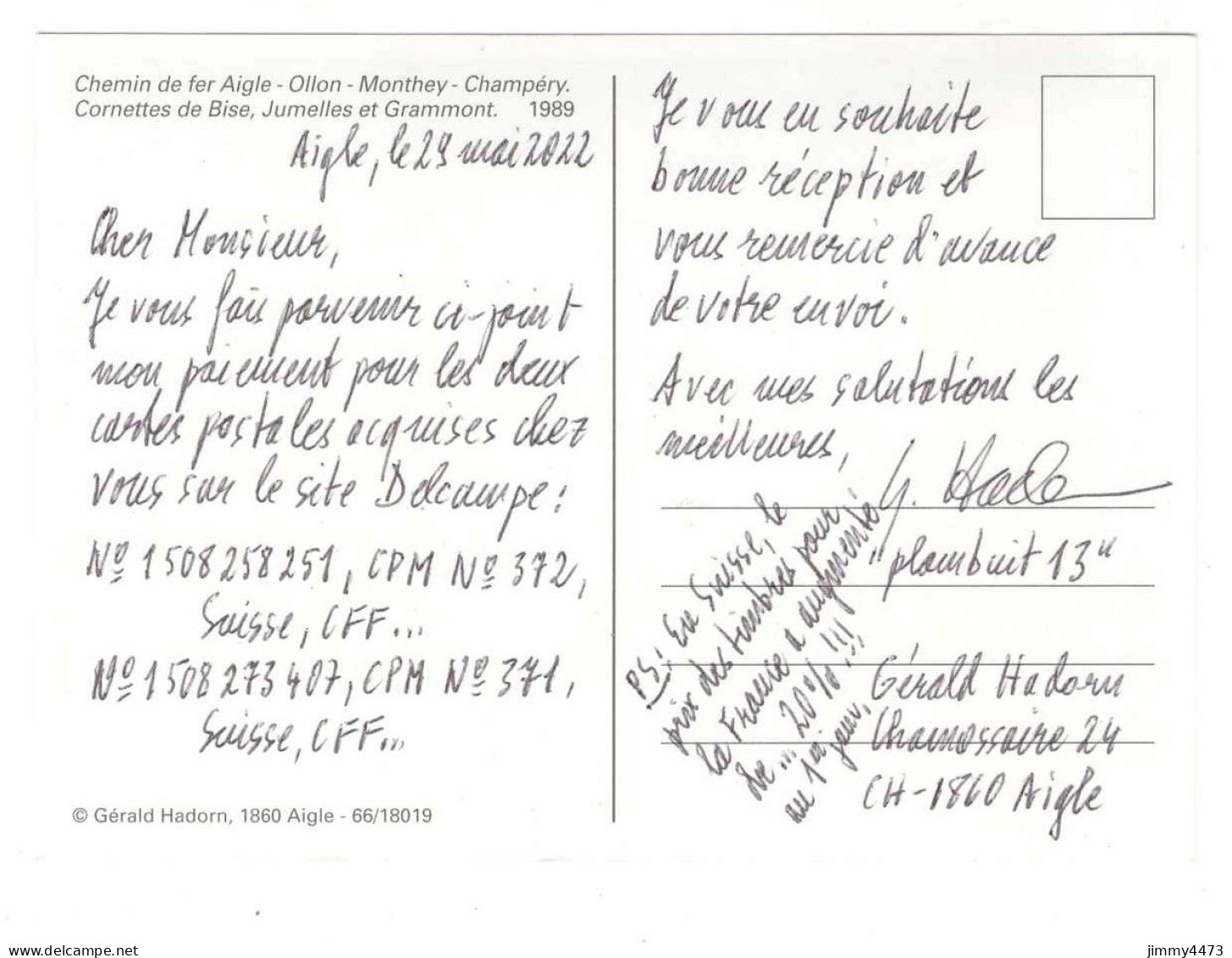 CPM - Chemin De Fer Aigle - Ollon - Monthey - Champéry - Cornettes De Bise Jumelles Et Grammont 1989 - Gérald Hadorn - Treni