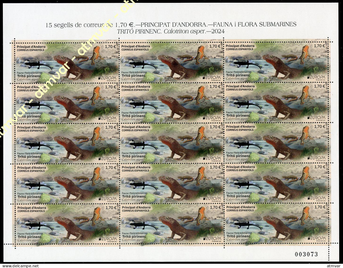 ANDORRA Correos (2024) EUROPA Fauna I Flora Submarines, Tritó Pirinenc, Calotriton Asper, Brook Salamander, Tritón - Unused Stamps