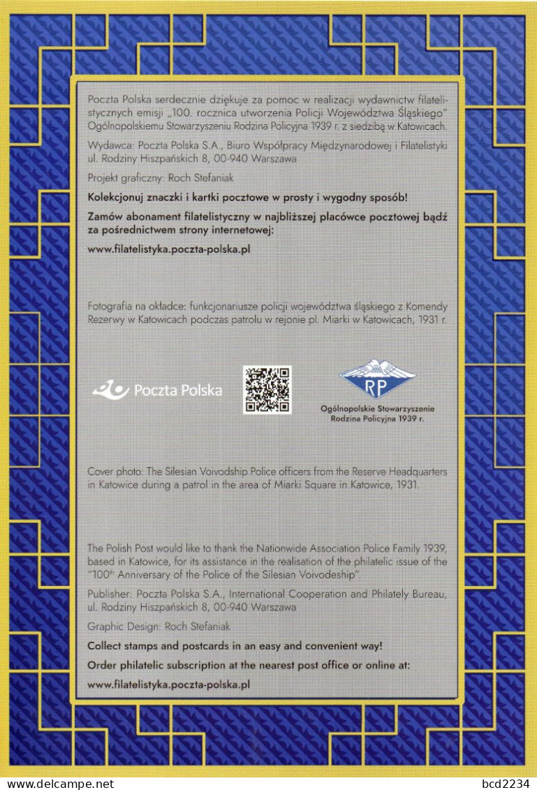 POLAND 2022 POLISH POST SPECIAL LIMITED EDITION FOLDER: 100TH ANNIVERSARY OF SILESIAN VOIVODSHIP POLICE GENDARMERIE - Lettres & Documents