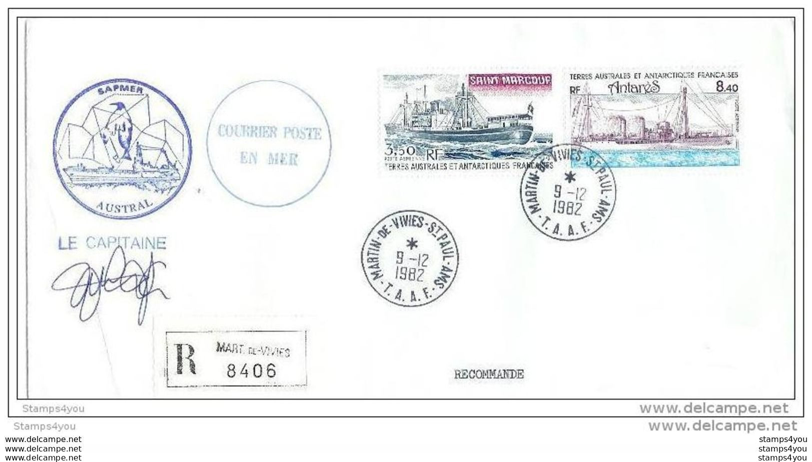 G 464 - Pli Recommandé  TAAF De St Paul & Amsterdam - Navire De Pêche "Austral" 1982 - Polareshiffe & Eisbrecher