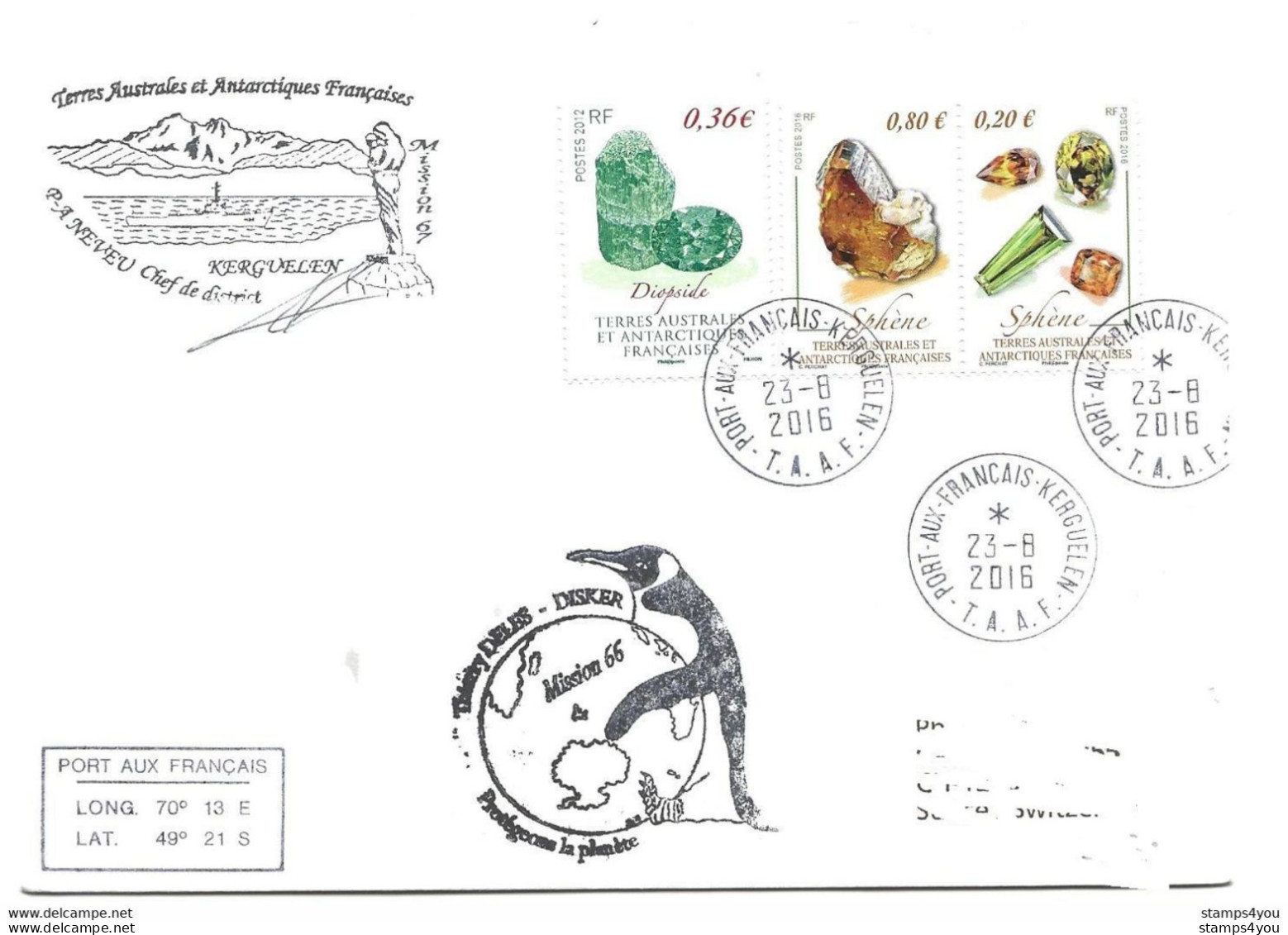 47 - 89 - Enveloppe TAAF Kerguelen - 3 Timbres Minéraux - Cachets Illustré Missions 66-67 - Minéraux