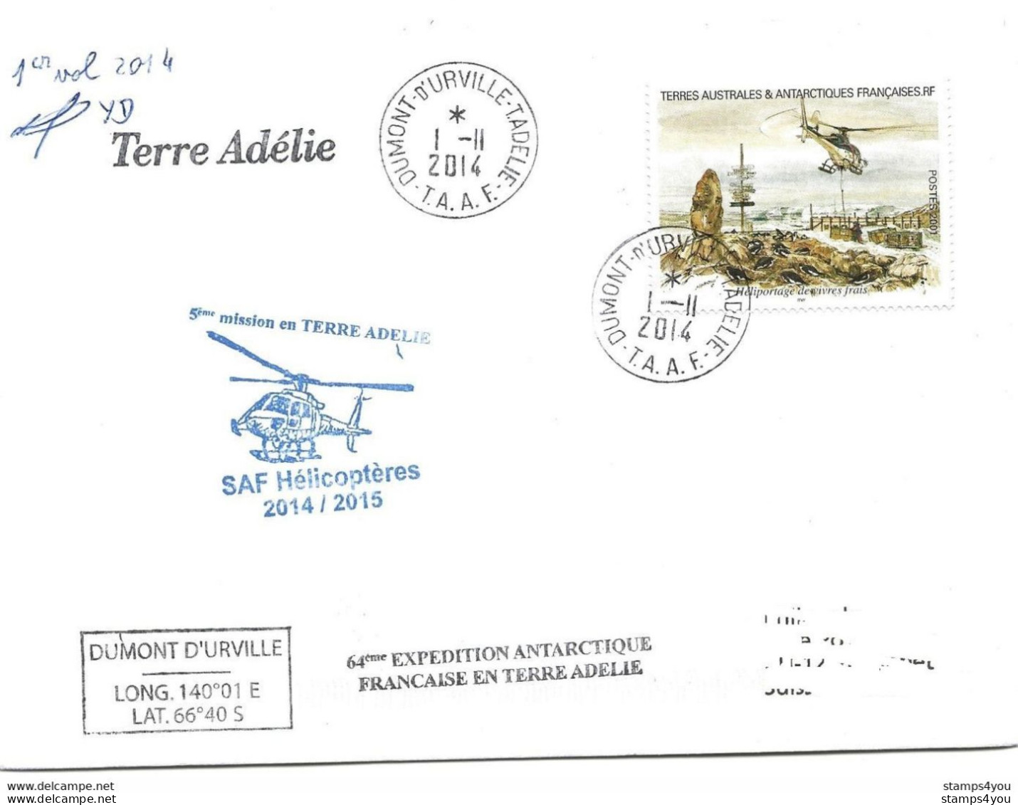 31 - 52 - Enveloppe TAAF Terre Adélie - Timbre Et Cachet Hélicoptère  2014 - Hélicoptères