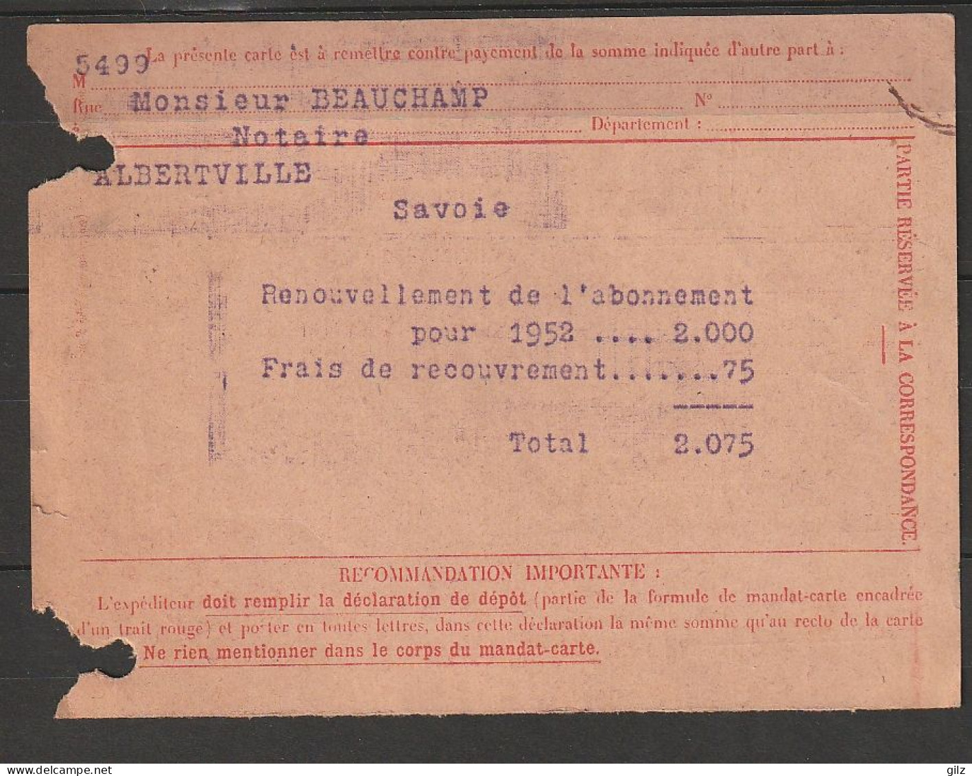 FRANCE / CARTE CONTRE REMBOURSEMENT Du 03.03.52 De Paris--->Albeertville Tp Yv: 885 - Brieven En Documenten