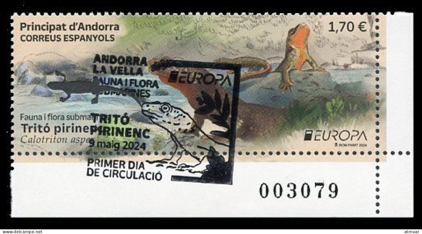ANDORRA Correos (2024) EUROPA Fauna I Flora Submarines, Tritó Pirinenc, Calotriton Asper, Brook Salamander, Tritón - Gebruikt