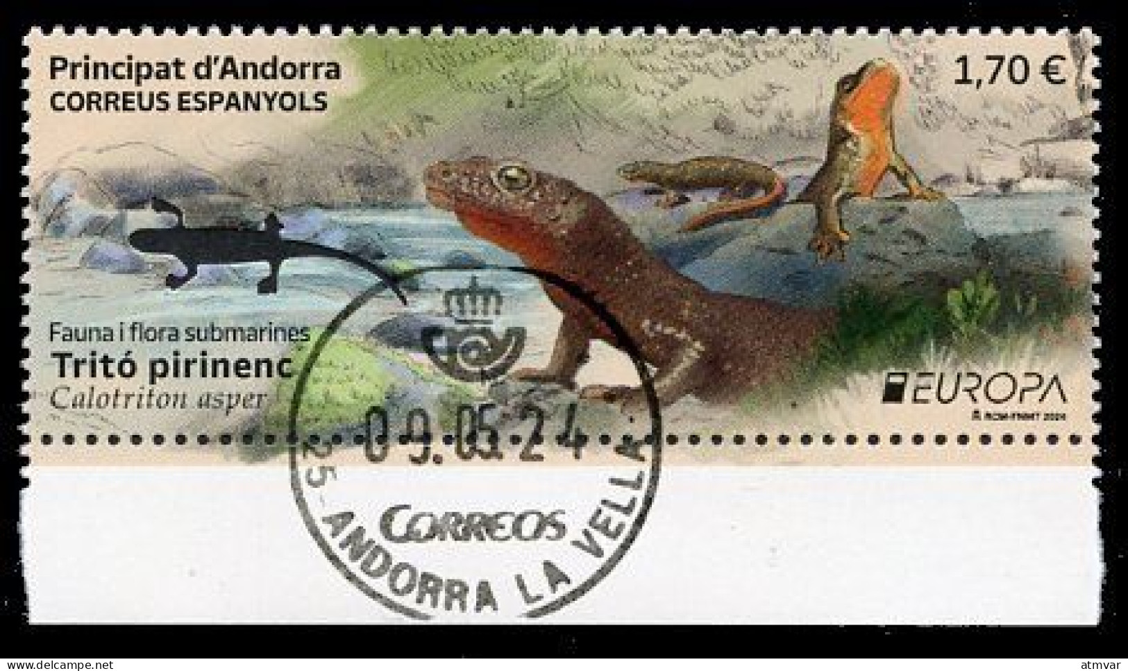 ANDORRA Correos (2024) EUROPA Fauna I Flora Submarines, Tritó Pirinenc, Calotriton Asper, Brook Salamander, Tritón - Oblitérés