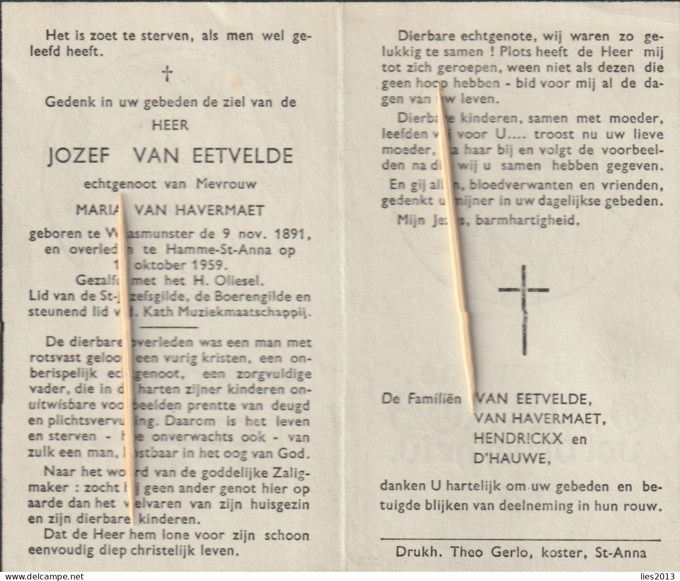 Waasmunster, Hamme St-Anna, Jozef Van Eetvelde, Van Havermaet - Images Religieuses