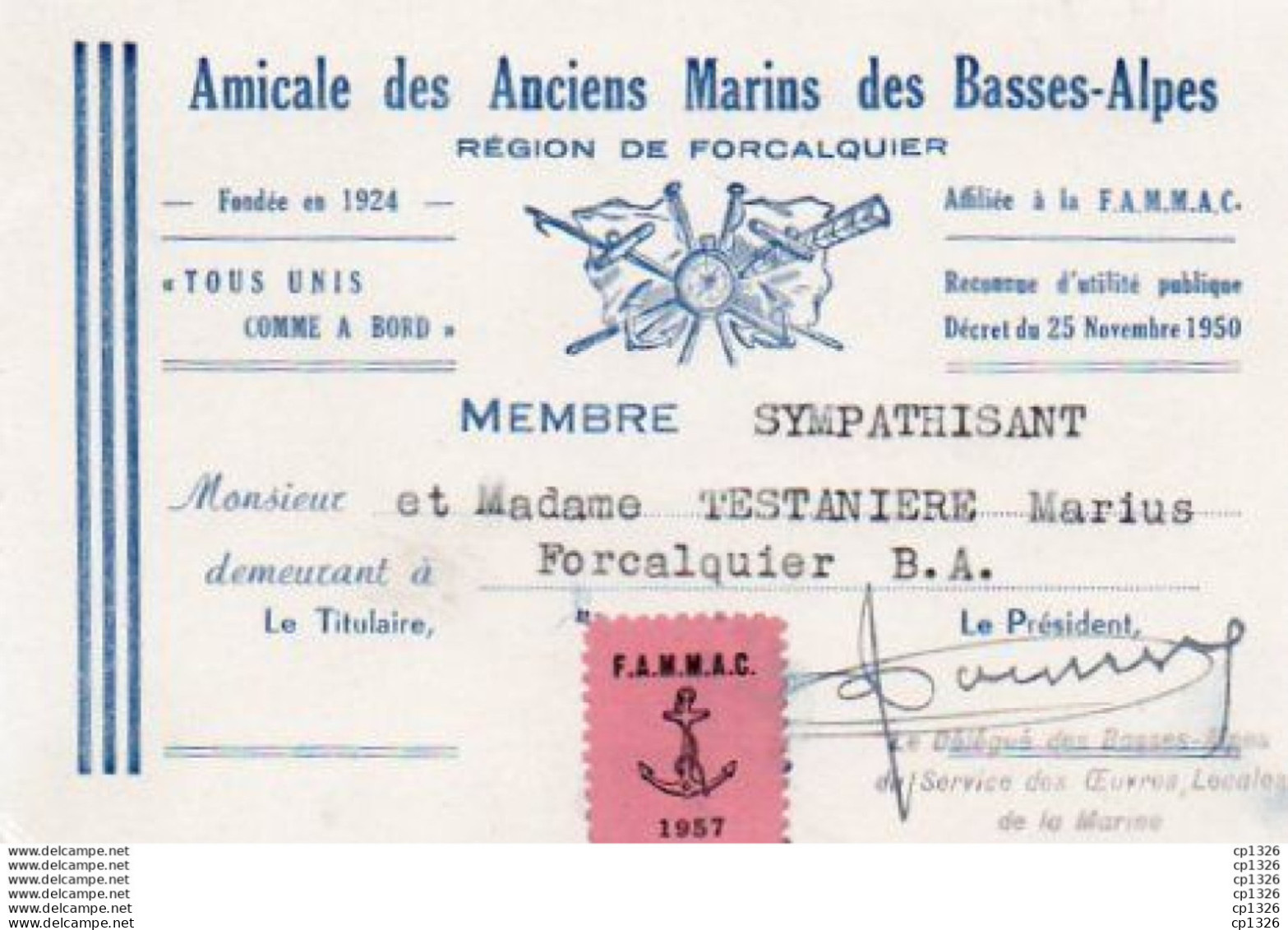 3V3Gi   04 Forcalquier Carte De L'Amicale Des Anciens Marins Des B. A. Membre Sympathisant En 1958 - Forcalquier