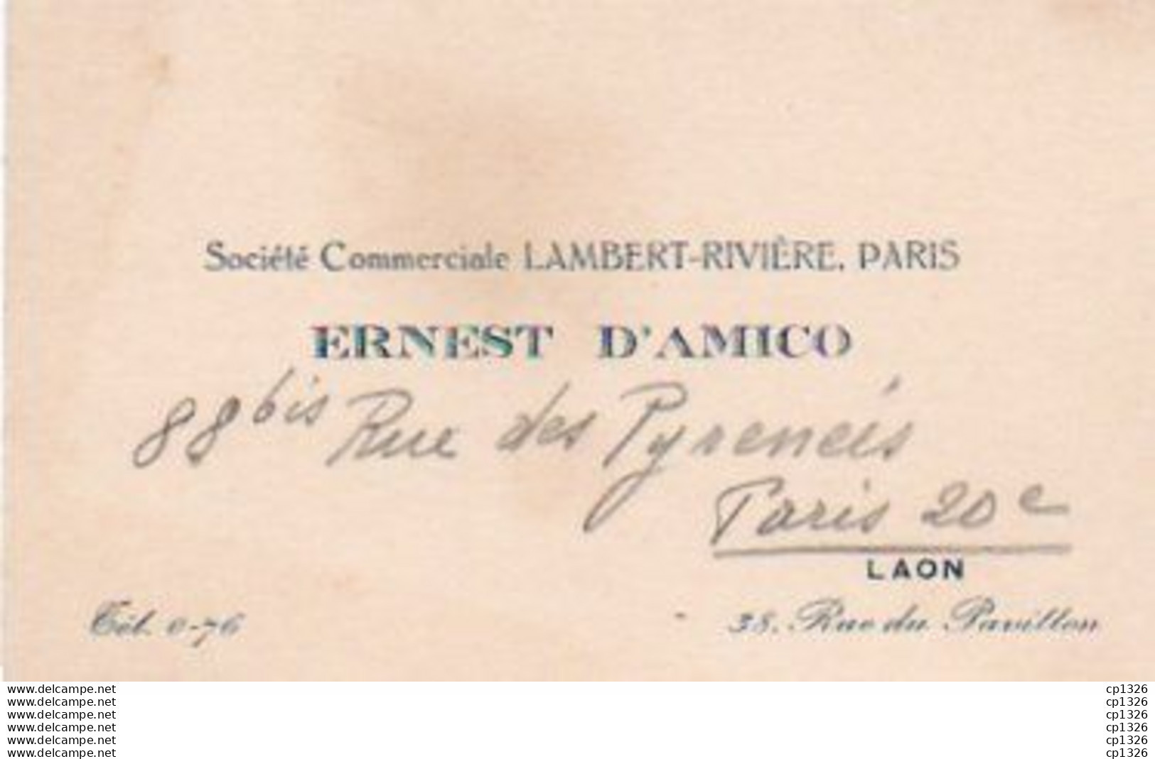 2V5Cap   Carte De Visite Ernest D'Amico 02 Laon 38 Rue Du Pavillon - Visitenkarten