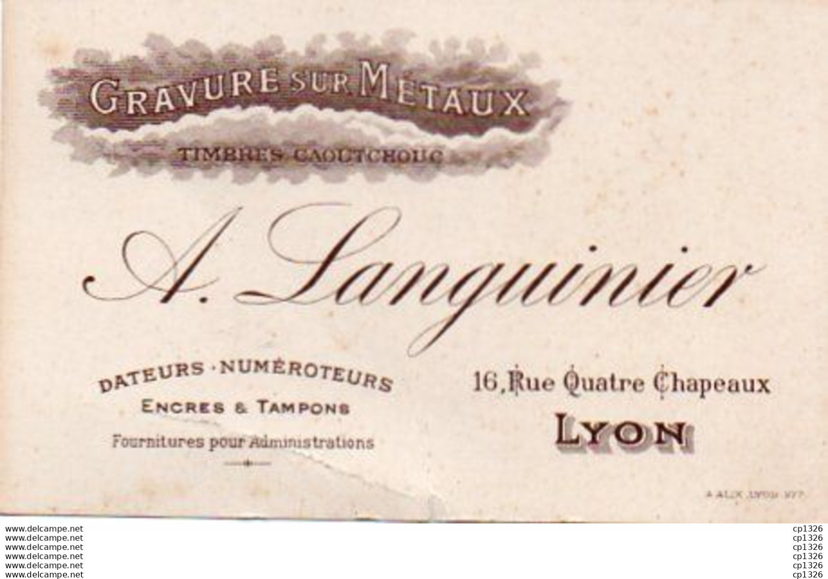 2V5Cap   Carte De Visite A. Languinier Gravure Sur Métaux Encre Tampons 16 Rue Des 4 Chapeaux à Lyon - Cartes De Visite