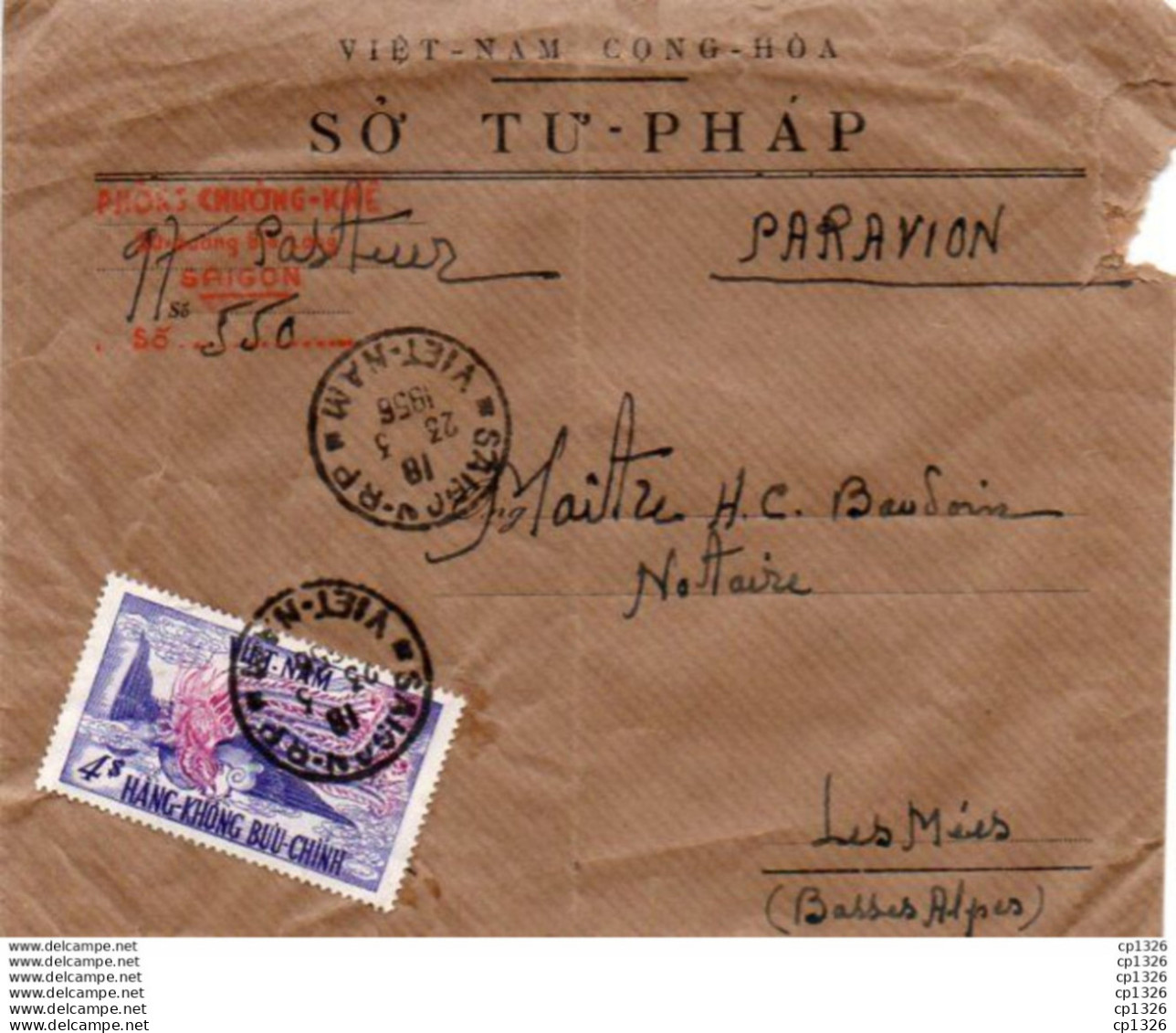 2V8Bs  Courrier Lettre Vietnam Cong Hoa SO TU PHAP Par Avion Saigon 1956 à Les Mées (04) - Sonstige & Ohne Zuordnung
