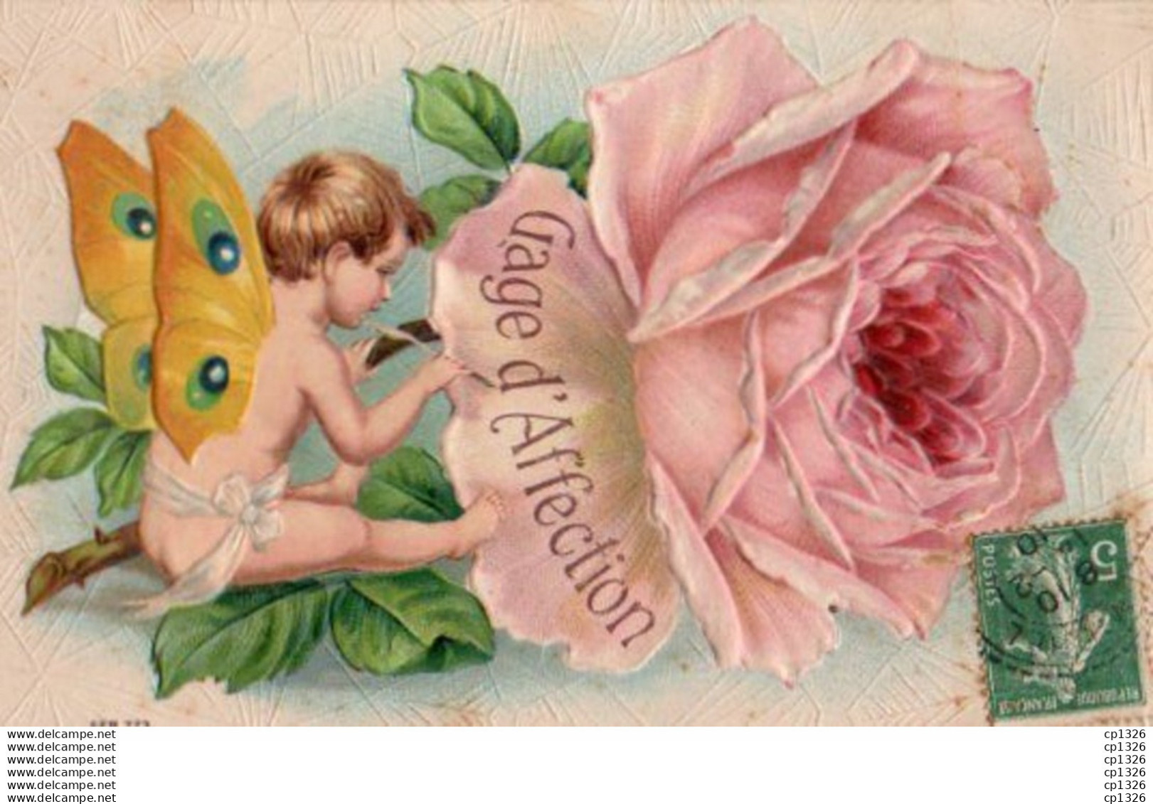 2V11Bv   Cpa Gaufrée Enfant Ange Aux Ailes De Papillon écrivant Sur Une Rose - Dreh- Und Zugkarten
