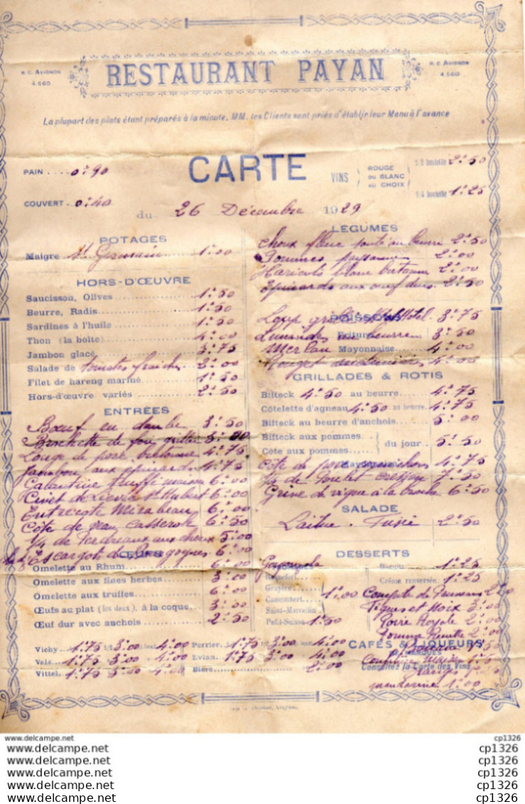 612Bce  Menu Carte Du Restaurant Payan à Avignon En 1929 - Menus
