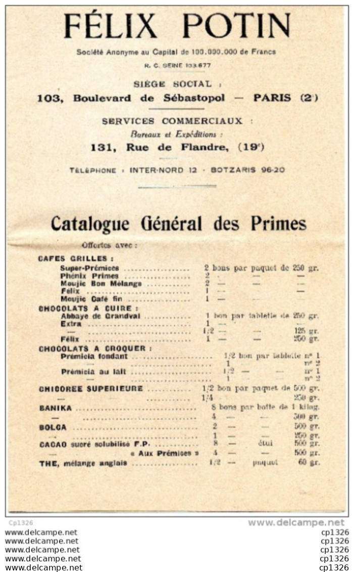 67Mn   Felix Potin Catalogue General Des Primes Liste Des Articles Et Nombres De Bons Necessaires - Publicités