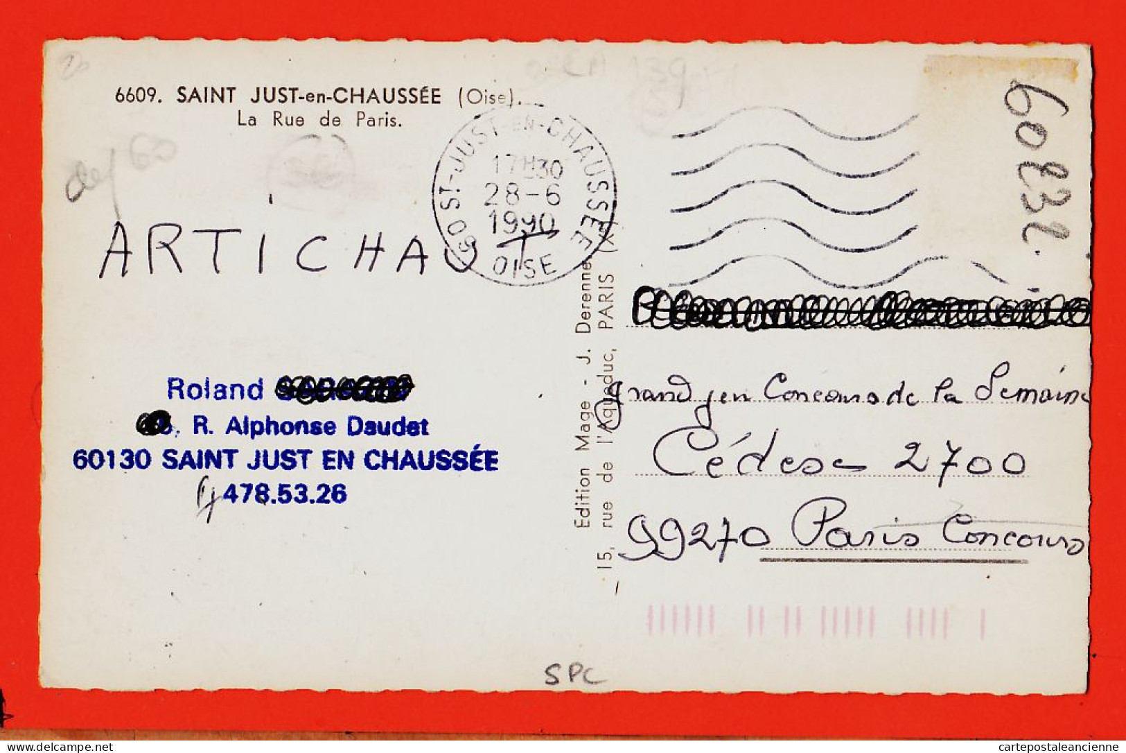 28445 / Peu Commun SAINT-JUST-CHAUSSEE 60-Oise PTT Rue PARIS Renault Juvaquatre Dauphine DS Citroen 1955s MAGE DERENNE - Saint Just En Chaussee