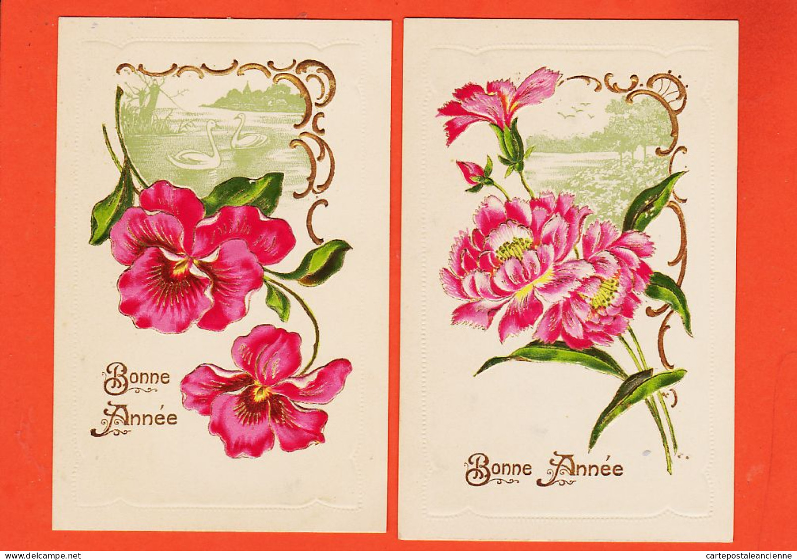 28199 / ( Etat Parfait ) 2 Superbes CPA Carte Relief Dorures Style Art-Déco Oeillet  Et Pensées BONNE ANNEE 1910s - Neujahr