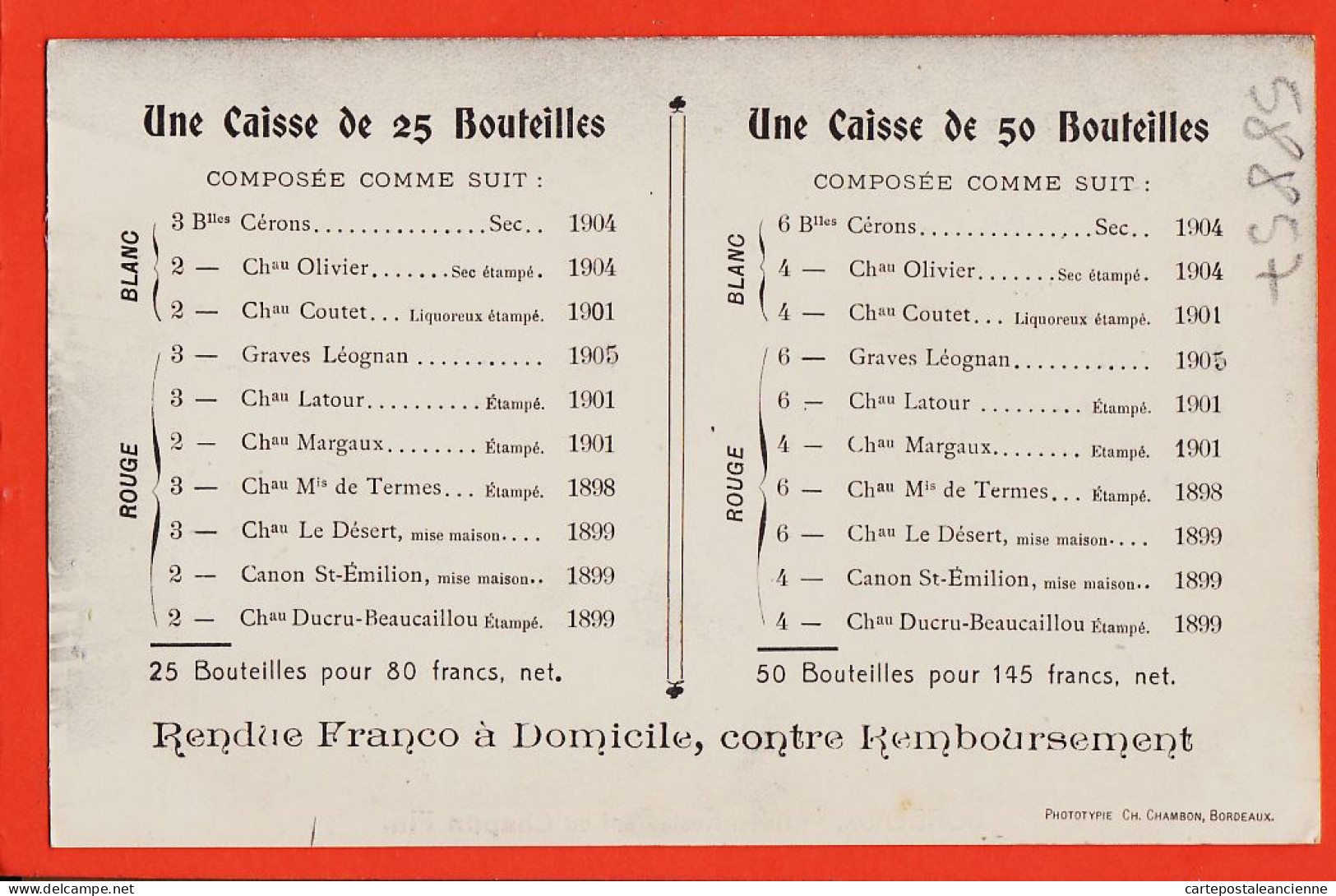 28406 / Tarif Caisse Vin 25 Ou 50 Bouteilles Assorties Millésime 1899 à 1904 BORDEAUX (33) Hotel-Restaurant CHAPON FIN - Bordeaux