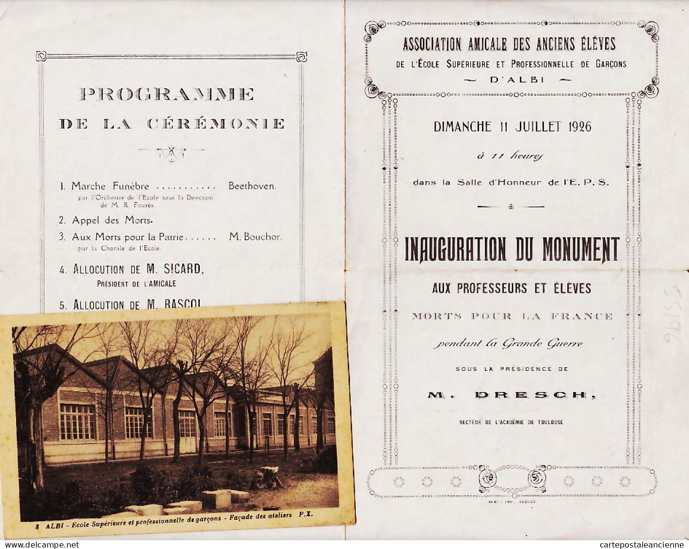 28322 / Rare ALBI 11/07/1926 Programme Inauguration Monument Ecole Supérieure Professionnelle Morts FRANCE Guerre 1914 - Albi