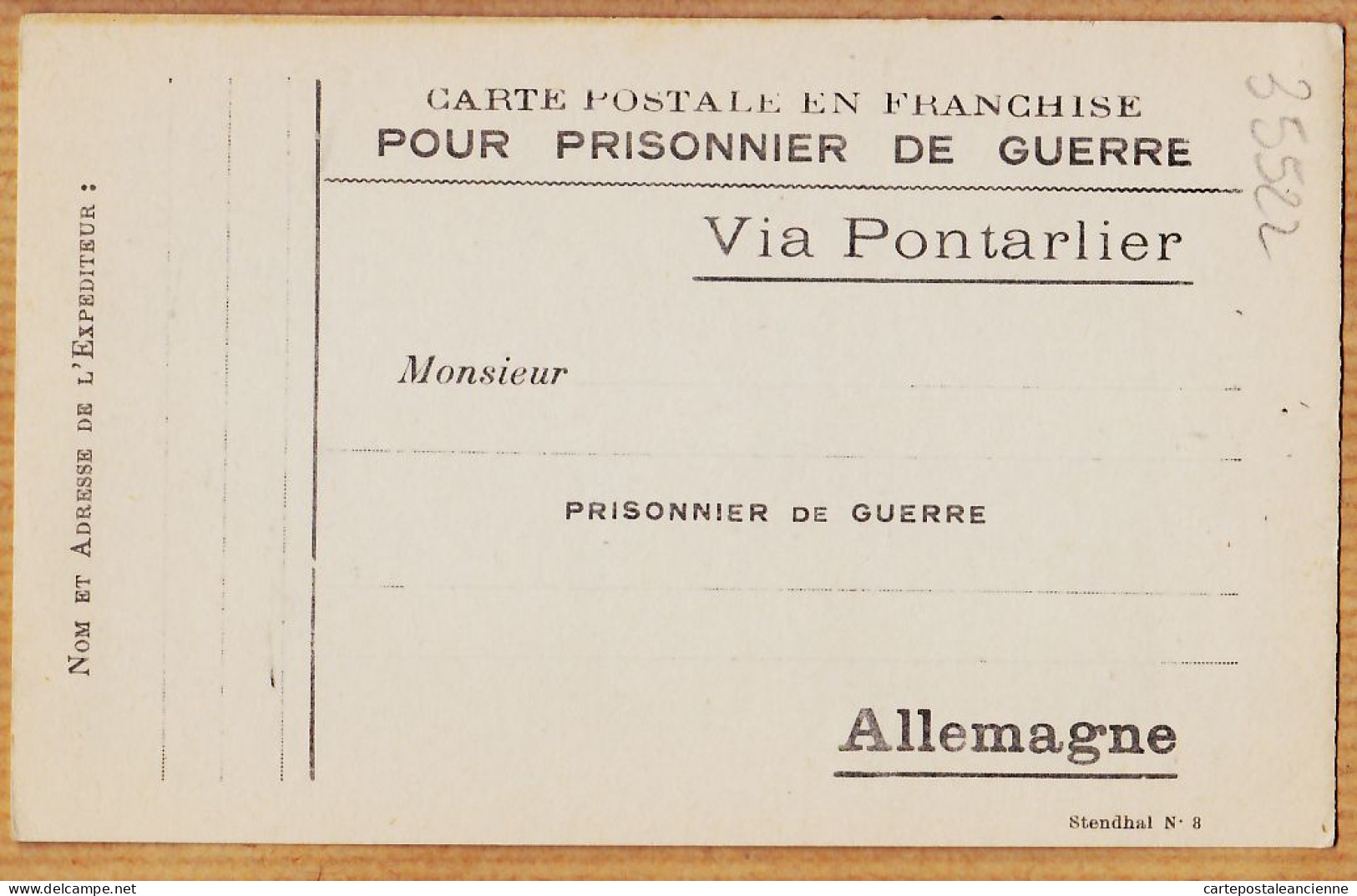 28149 / Via PONTARLIER Doubs Carte Postale En Franchise Pour Prisonnier Guerre ALLEMAGNE WW1 STENDHAL N°8 - Pontarlier