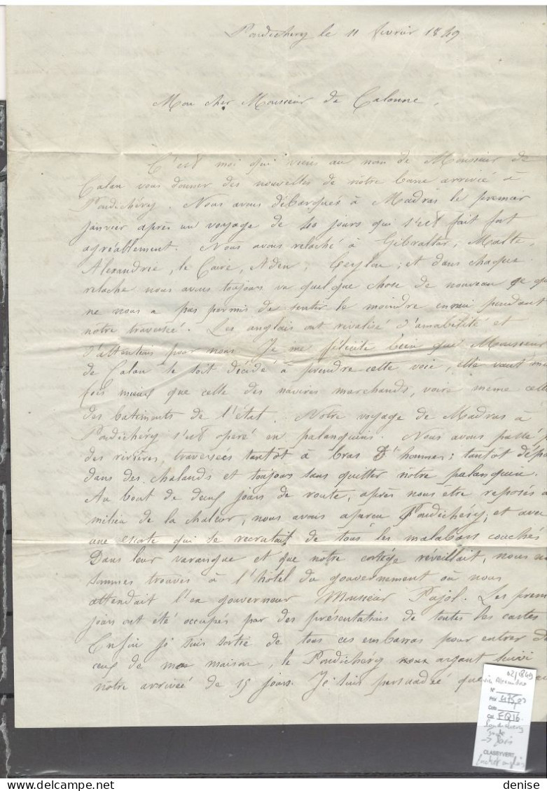 Inde - Lettre De Pondichery - 02/1849 - PROPOSE A 50 % DE REMISE - Pour Paris Via Alexandrie - - Brieven En Documenten