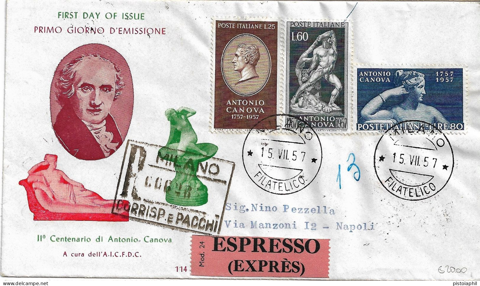 Fdc AICFDC 1957: ANTONIO CANOVA Raccomandata Espresso - FDC