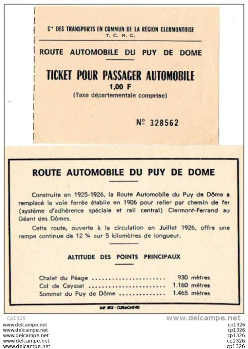 510Bf   Carte Et Ticket Route Automobile Puy De Dome Conducteur Passager Tacot - Autres & Non Classés