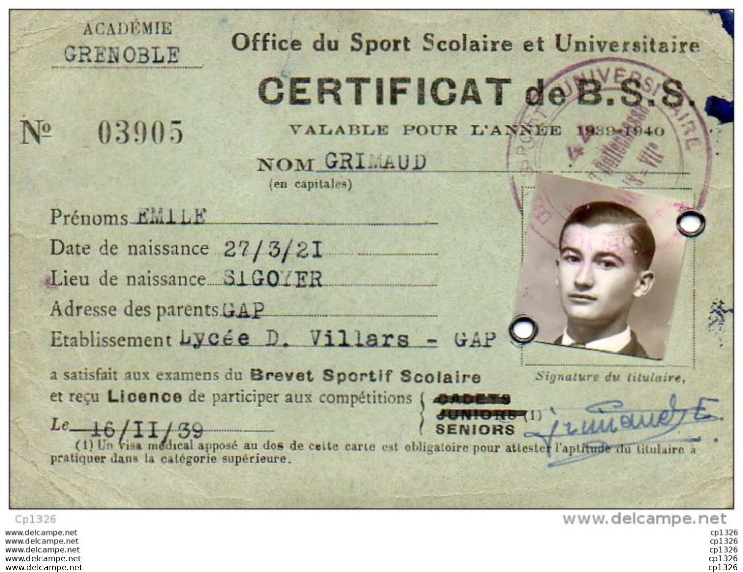 510Bf   Carte De Brevet Sportif Scolaire Office Du Sport Scolaire Universitaire Lycée D. Villars à Gap - Autres & Non Classés