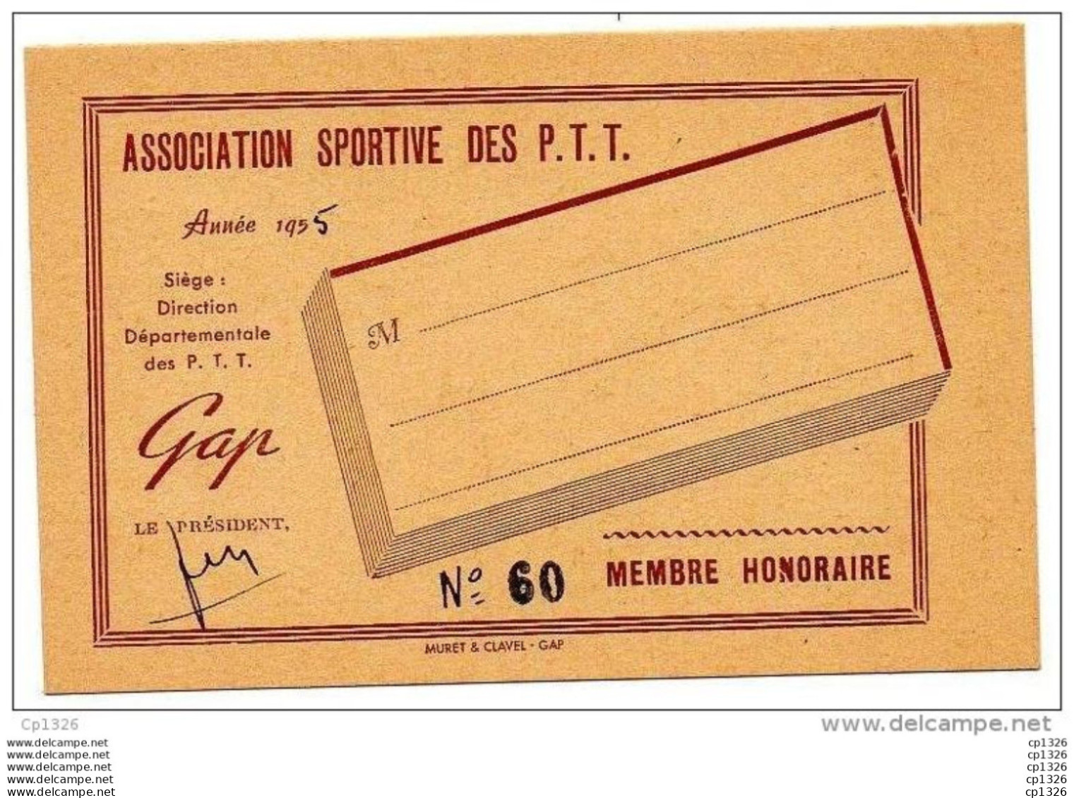 510Bf   Carte De Membre Honoraire Association Sportive Des PTT De Gap En 1955 - Unclassified