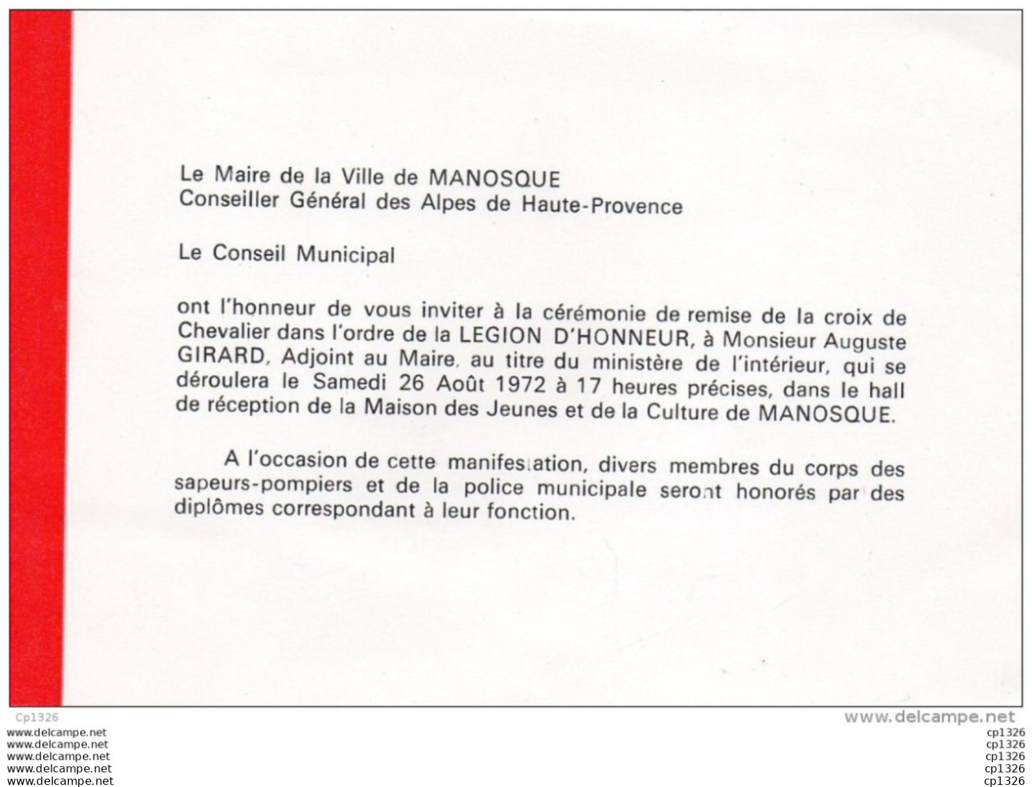 55Nja   04 Manosque Carte Invitation Medaille Croix De Chevalier Legion D'honneur En 1972 - Manosque