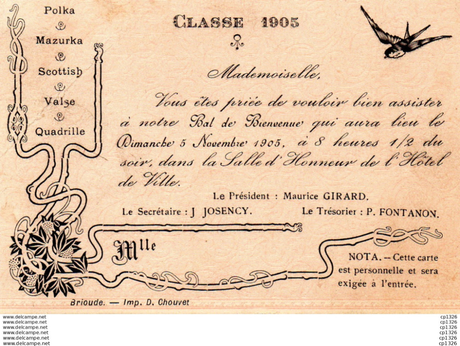 7Méd   Carton Invitation Au Bal 1905 à Brioude - Programmes