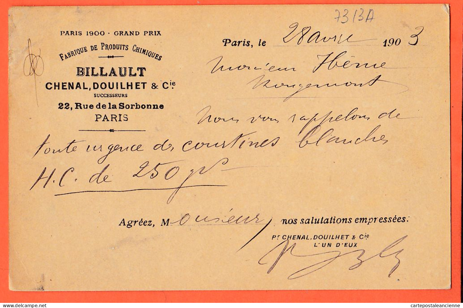 35531 / PARIS V BILLAULT CHENAL DOUILHET Fabrique Produits Chimiques 22 Rue SORBONNE 1903 à HEME Verrerie ROUGEMONT - Distrito: 05
