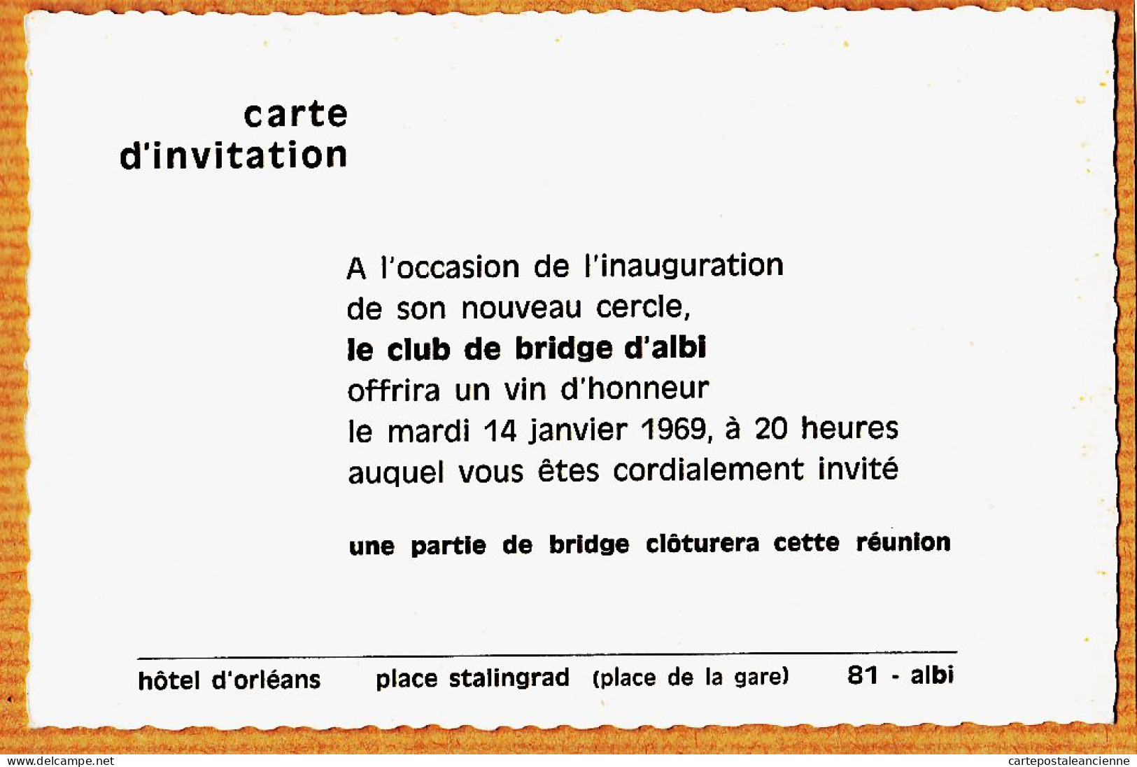 35727 / Peu Commun ALBI 14 Janvier 1969 à 20h Invitation Inauguration Club BRIDGE Hotel ORLEANS Place STALINGRAD - Albi