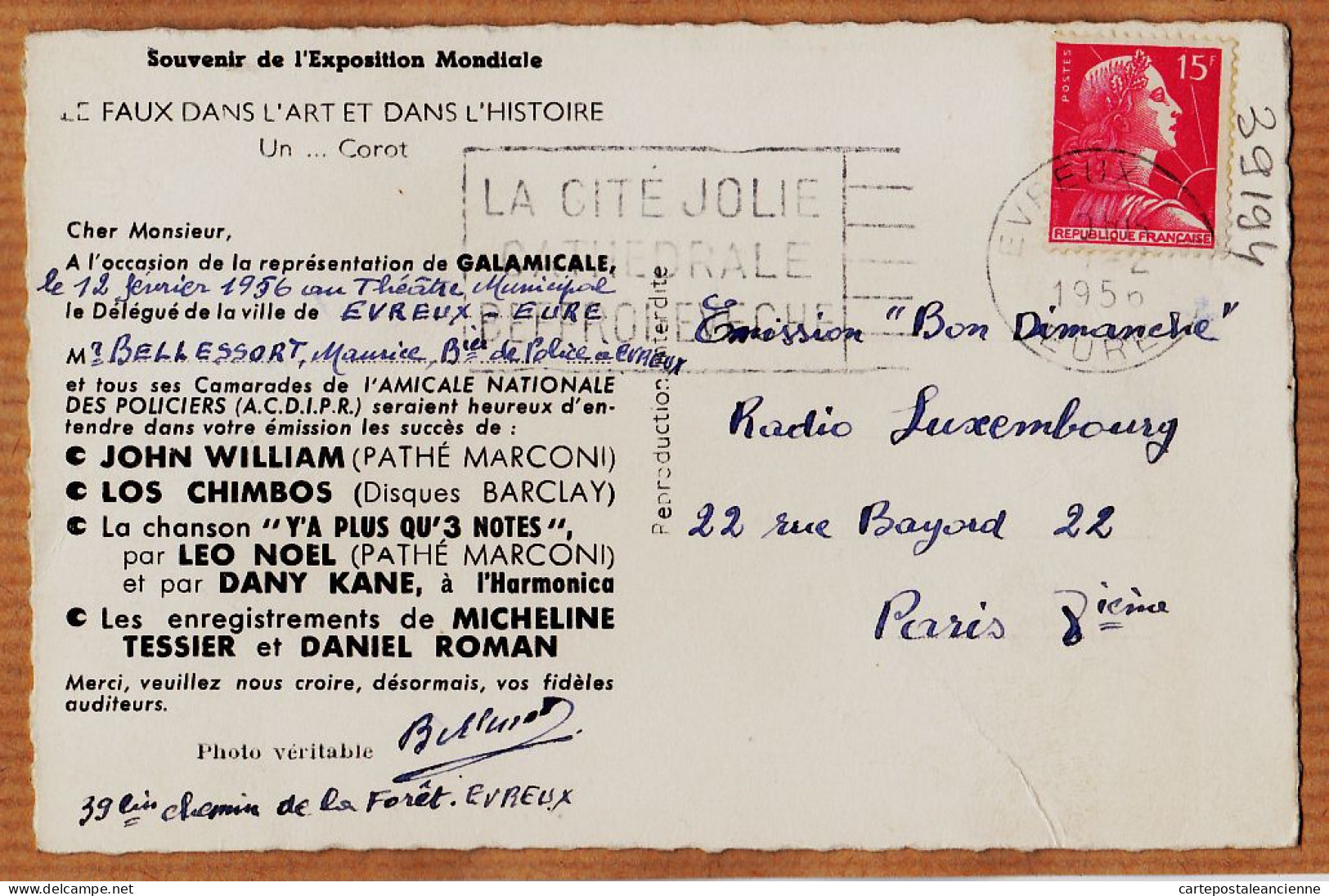 35938 / Peu Commun EVREUX Eure Invitation GALAMICALE Amicale Nationale Des Policiers 12 Février 1956-FAUX COROT - Evreux