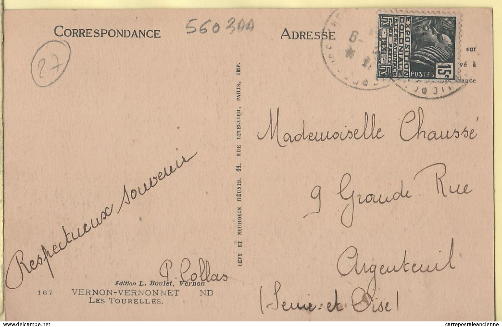 35977 / VERNON-VERNONNET 27-Eure TOURELLES Postée 1931 à CHAUSSE Argenteuil -BOULET NEURDEIN LEVY 167 - Sonstige & Ohne Zuordnung