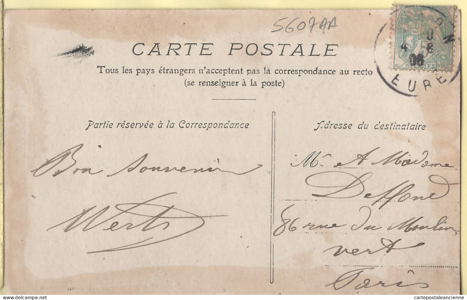 35943 / VERNON Eure Vue Générale Postée 04.08.1906 à DELFOND Paris - Email - Vernon