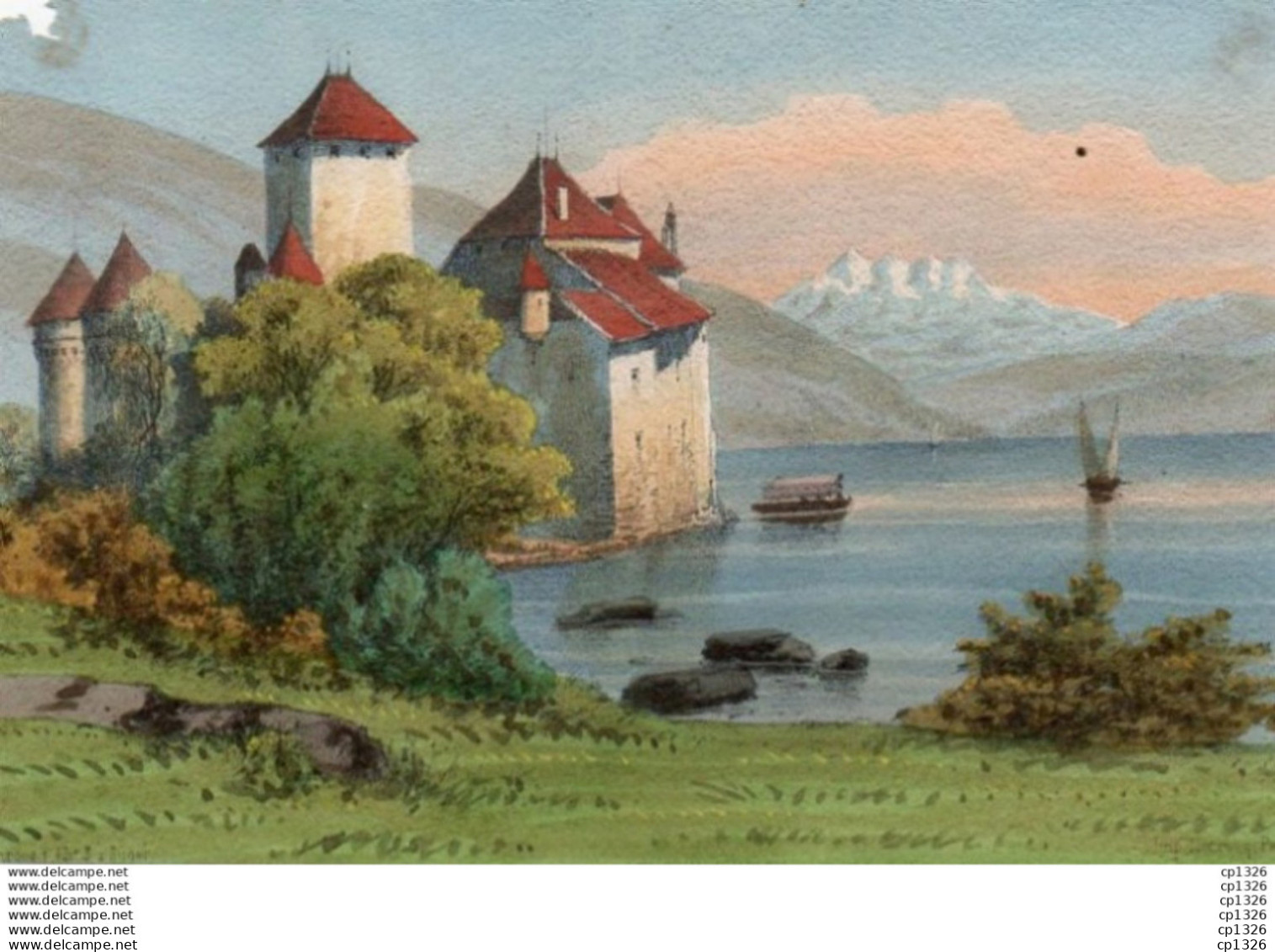 3V3Bv  Lithographie Château De Chillon En Suisse Près De Montreux - Prints & Engravings