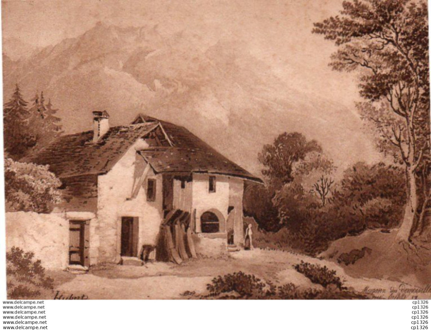 3V3Bv  Lithographie Maison Devant Montagne Par Hubert "Magasin Des Demoiselles" - Prints & Engravings
