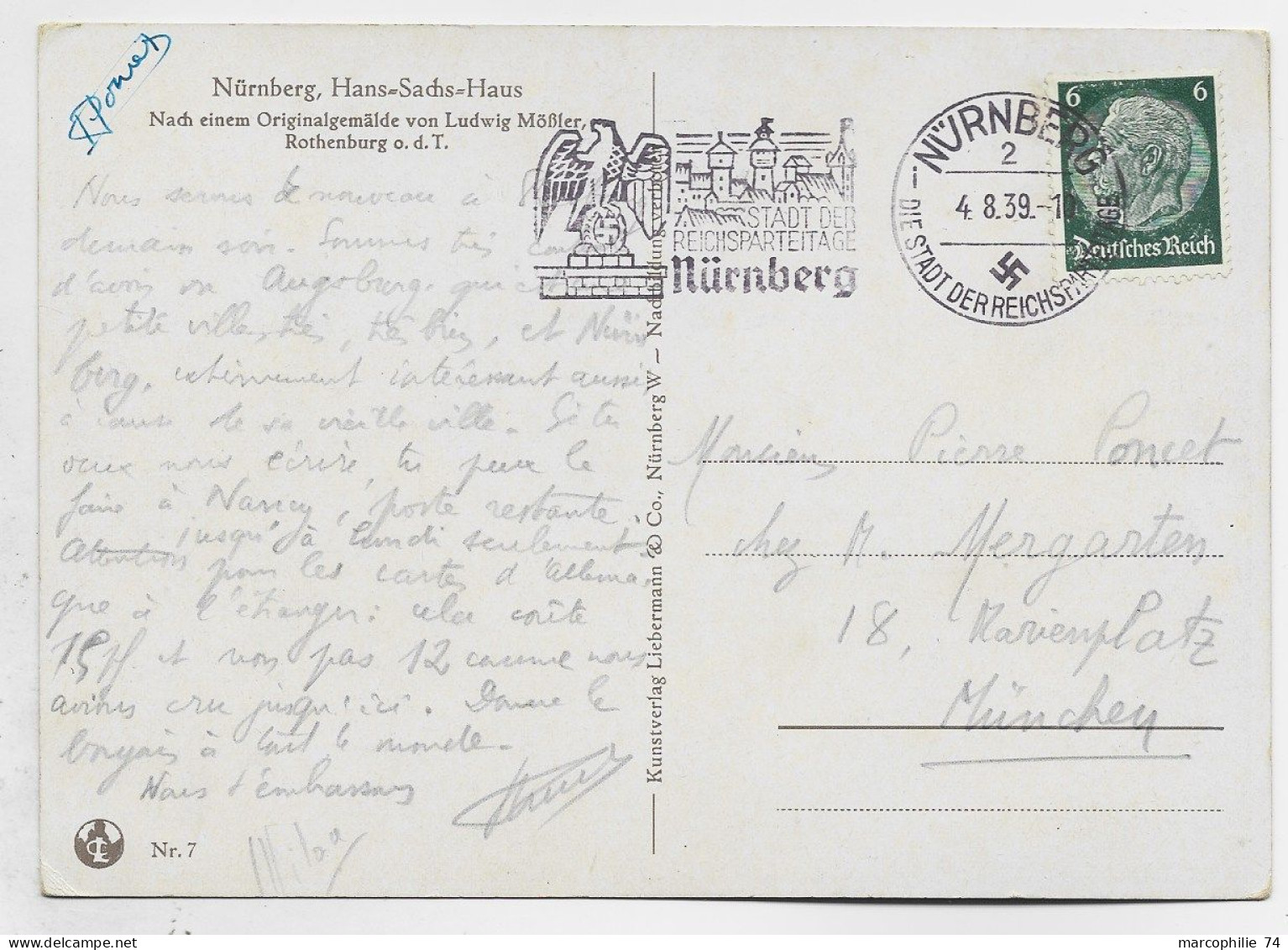 GERMANY REICH 6C SOLO POSTKARTE MECANIQUE NURNBERG 4.8.1939 AIGLE EAGLE - Lettres & Documents