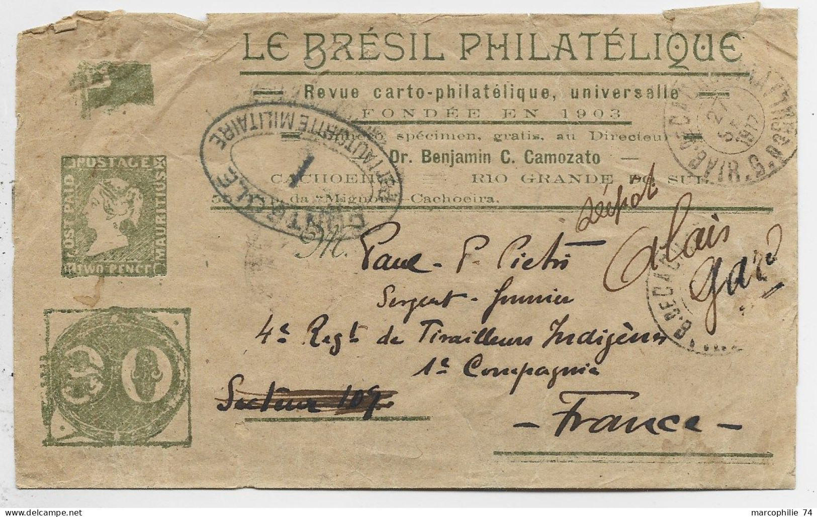BRESIL BRASIL WRIPPER BANDE COMPLETE   1917 TO  MILITAIRE TRESRO ET POSTES 109 FRANCE CENSURE CONTROLE 1 - Lettres & Documents