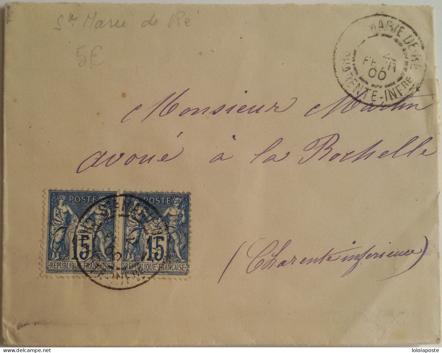 FRANCE - Lettre (enveloppe) De Ste Marie De Ré Du 25/01/1900 Avec Paire Du 15c Sage Pour La Rochelle - 1898-1900 Sage (Type III)