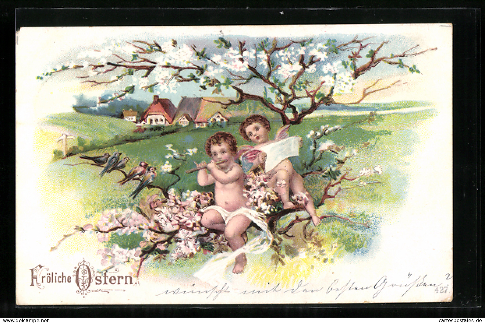 AK Osterengel Beim Musizieren Im Blühenden Kirschbaum  - Anges