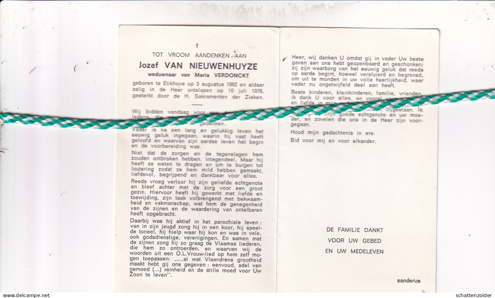 Jozef Van Nieuwenhuyze-Verdonckt, Etikhove 1882, 1976 - Obituary Notices